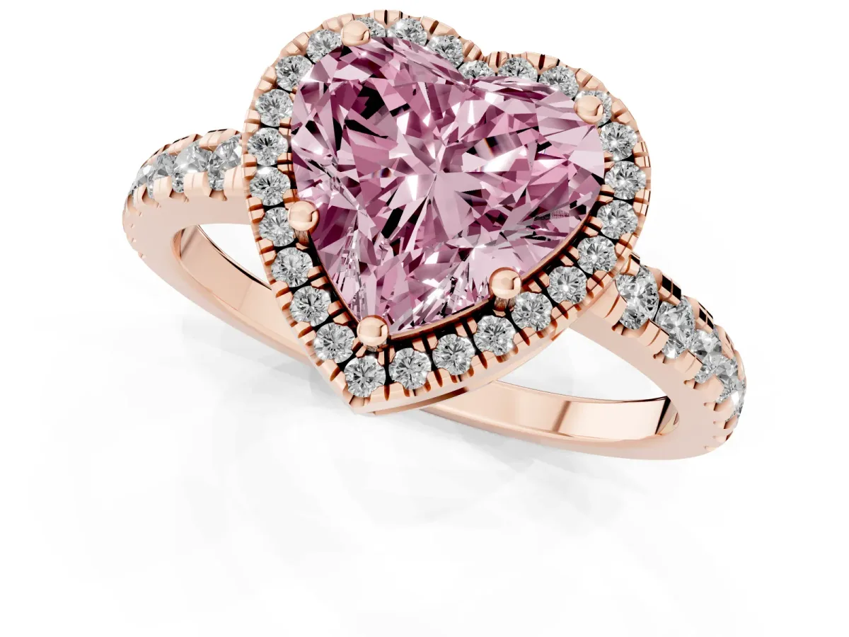 Fancy Pink Heart Cut Diamond Halo Ring with Pavé Band and Four-Prong Setting Rose gold