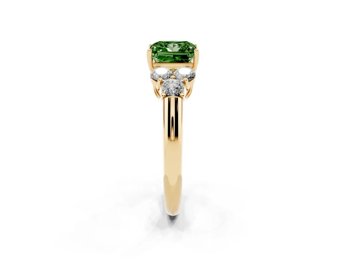 Fancy Green Princess Cut Cut Diamond Cluster Ring with Round Accent Stones and Prong Setting on a Classic Band Yellow gold