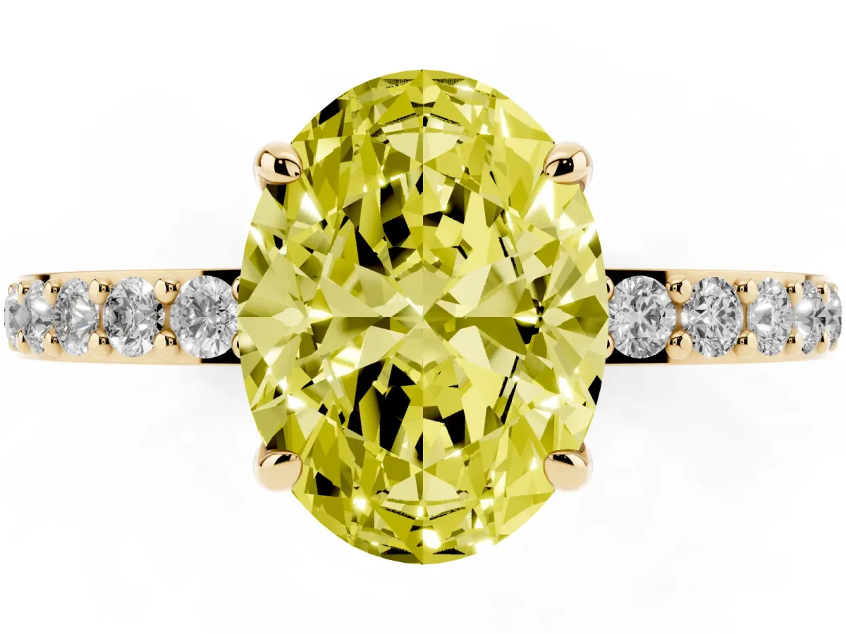 Fancy Yellow Oval Cut Diamond Pavé Engagement Ring with Round Accents and Prong Setting Yellow gold