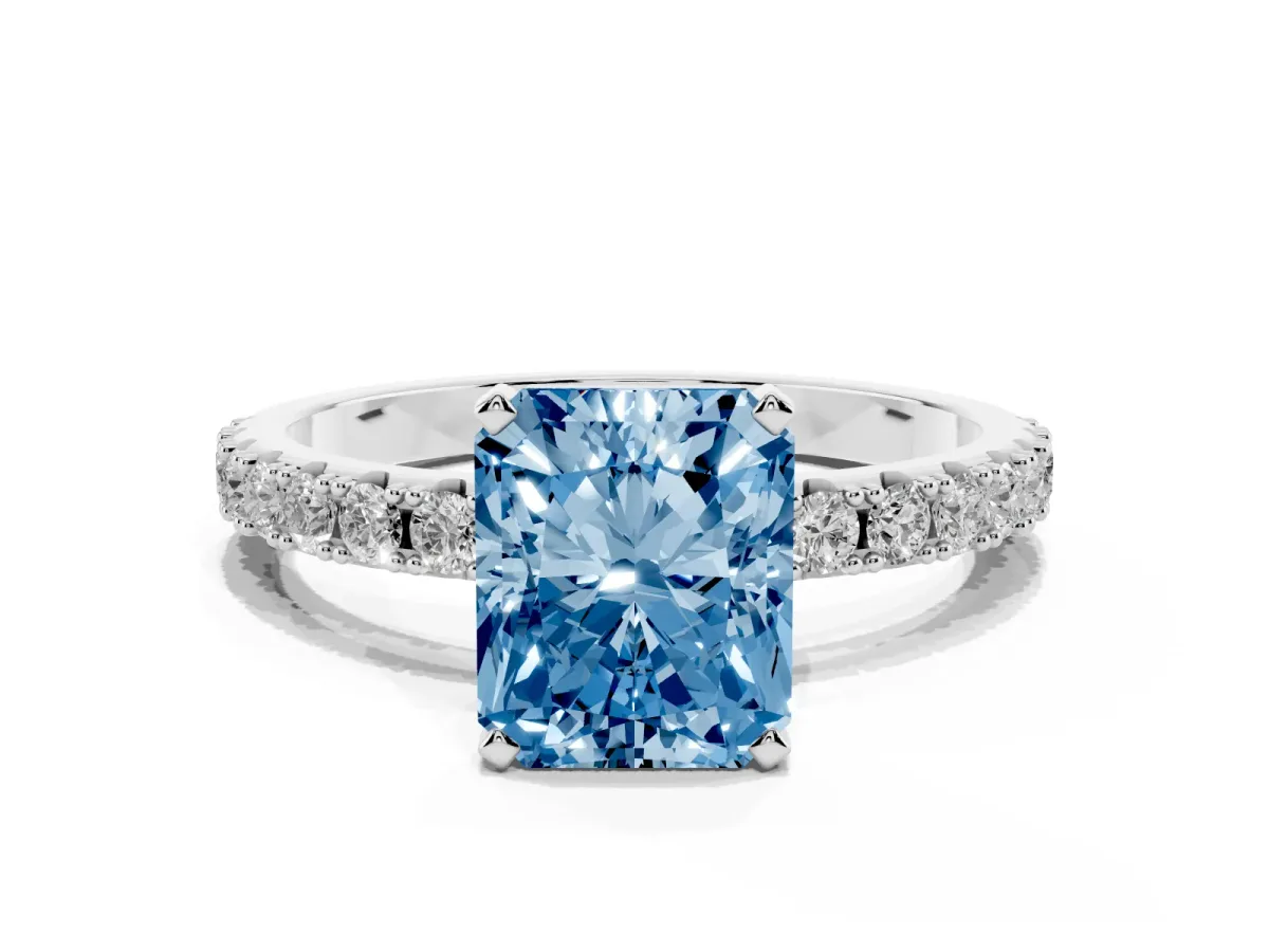 Fancy Blue Radiant Cut Diamond Solitaire Pavé Band with Four-Prong Setting Silver