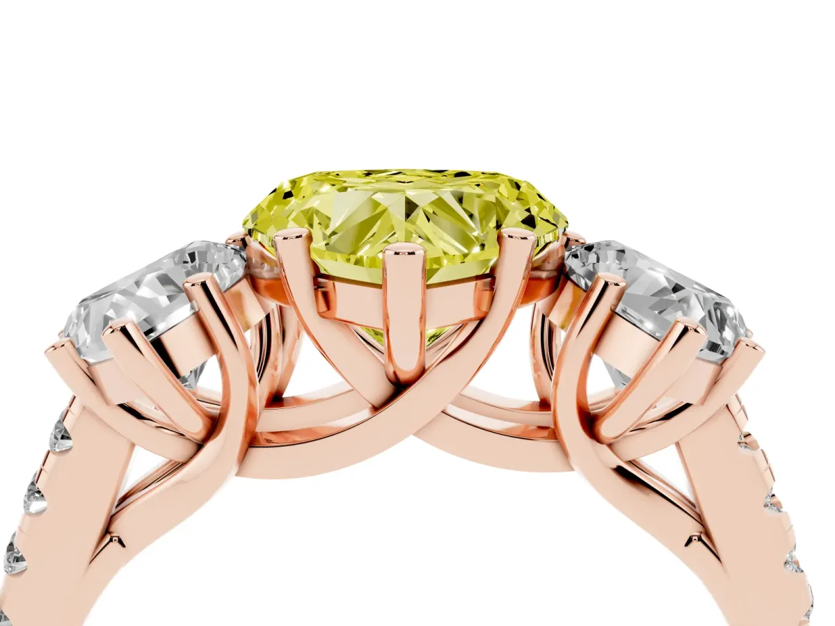 Fancy Yellow Three-Stone Heart Cut Diamond Ring with Round Pavé Band and Prong Setting Rose gold