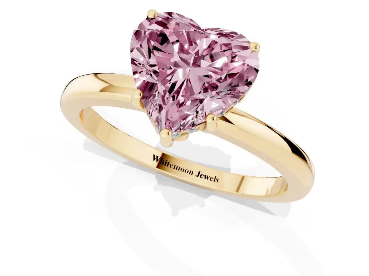 Fancy Pink Heart Cut Solitaire Diamond Ring with Prong Setting and Plain Band Yellow gold