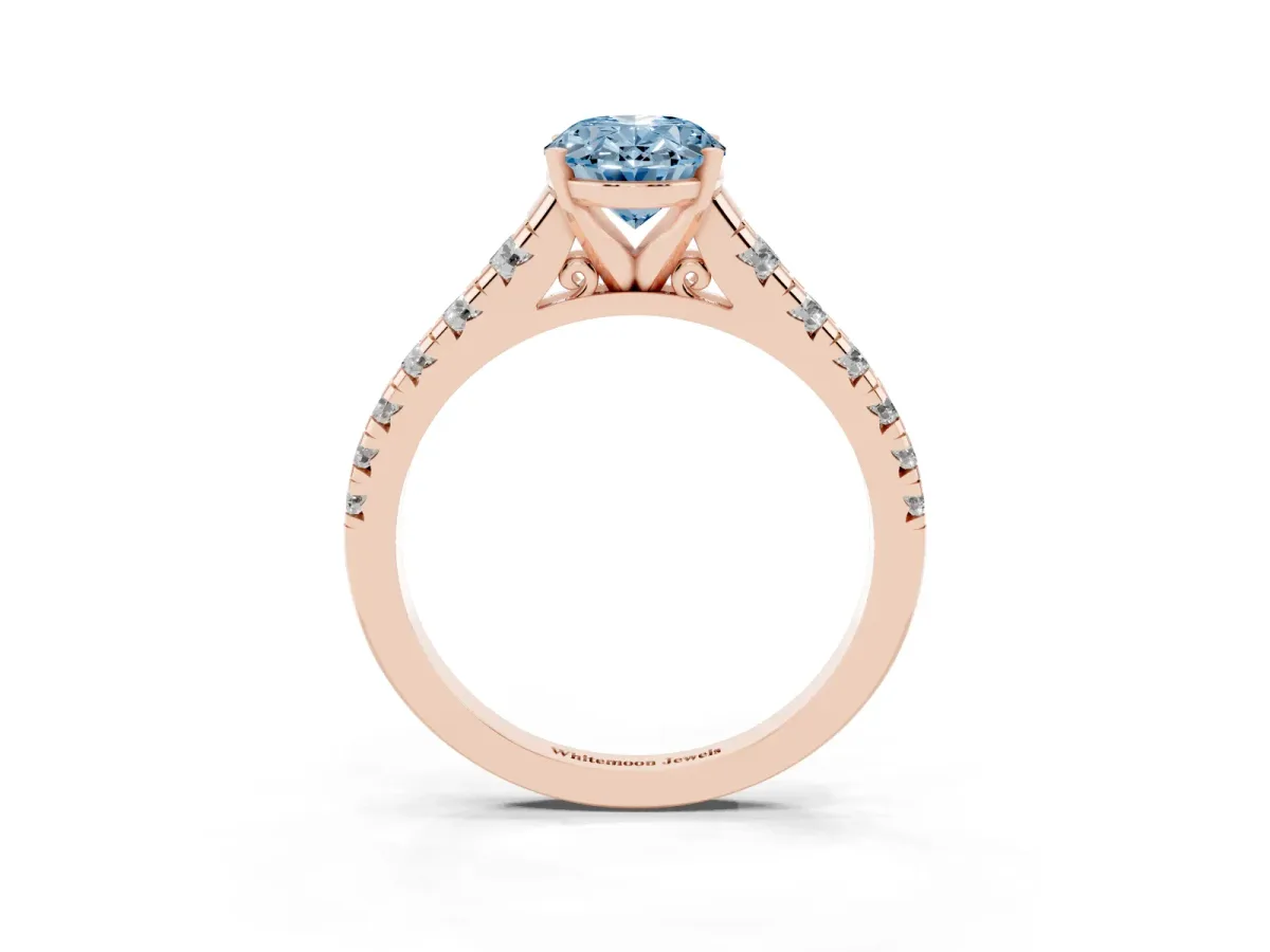 Fancy Blue Oval Cut Diamond Cathedral Solitaire Ring with Round Pavé Band Rose gold
