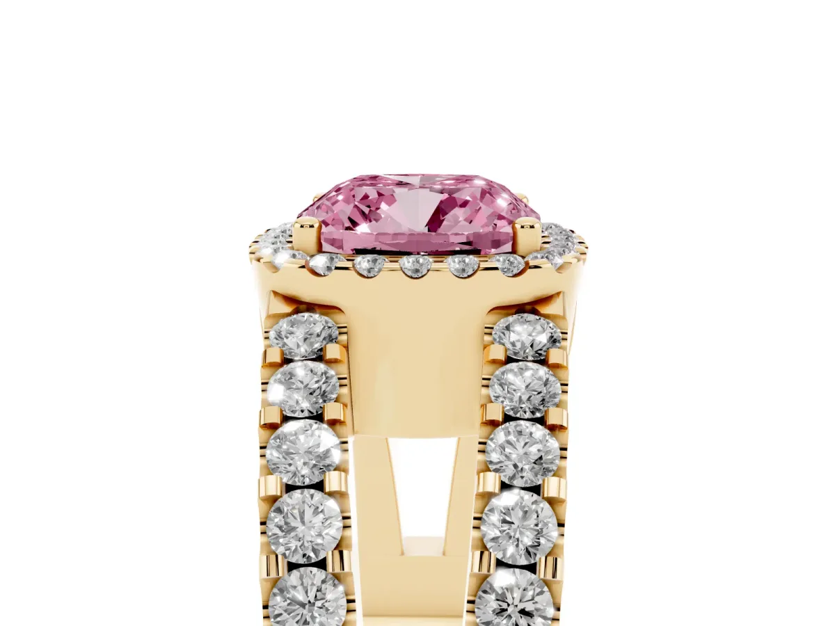 Fancy Pink Cushion Cut Cut Halo Split Shank Diamond Ring with Four-Prong Setting Yellow gold