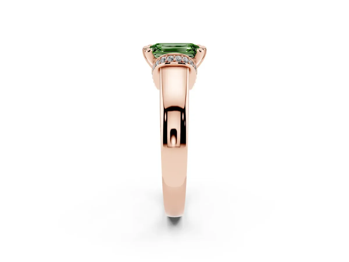 Fancy Green Emerald Cut Solitaire Diamond Ring with Pave Band and Six-Prong Setting Rose gold
