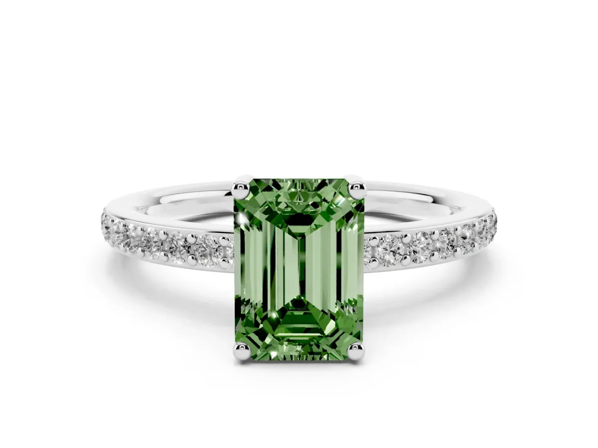 Fancy Green Emerald Cut Cut Diamond Pavé Band Ring with Four-Prong Setting Silver