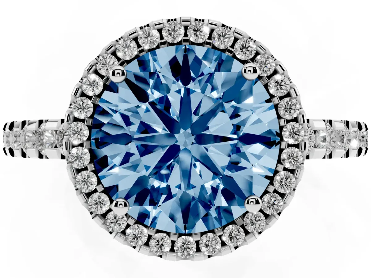 Fancy Blue Round Cut Diamond Halo Engagement Ring with Pavé Band and Prong Setting Platinum