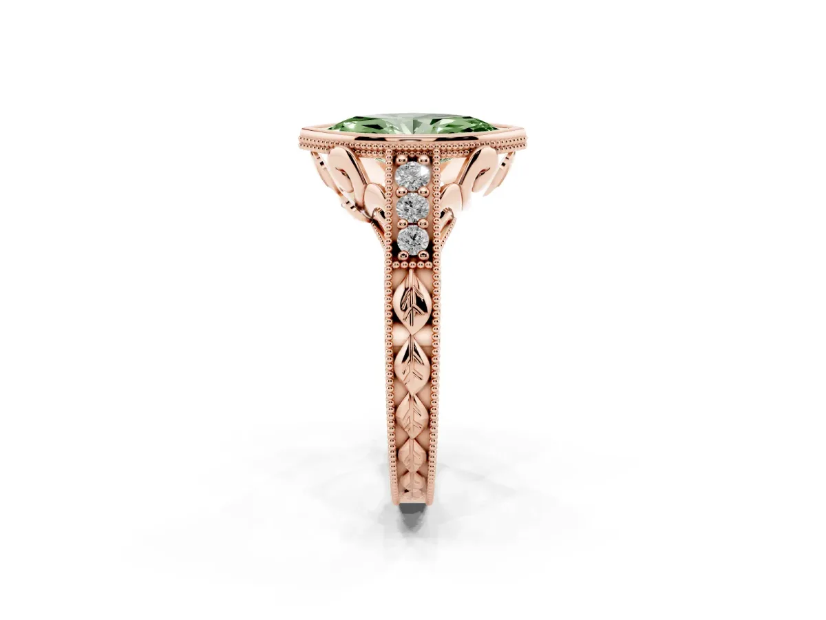 Fancy Green Bezel Set Marquise Cut Diamond Milgrain Pave Engagement Ring Rose gold