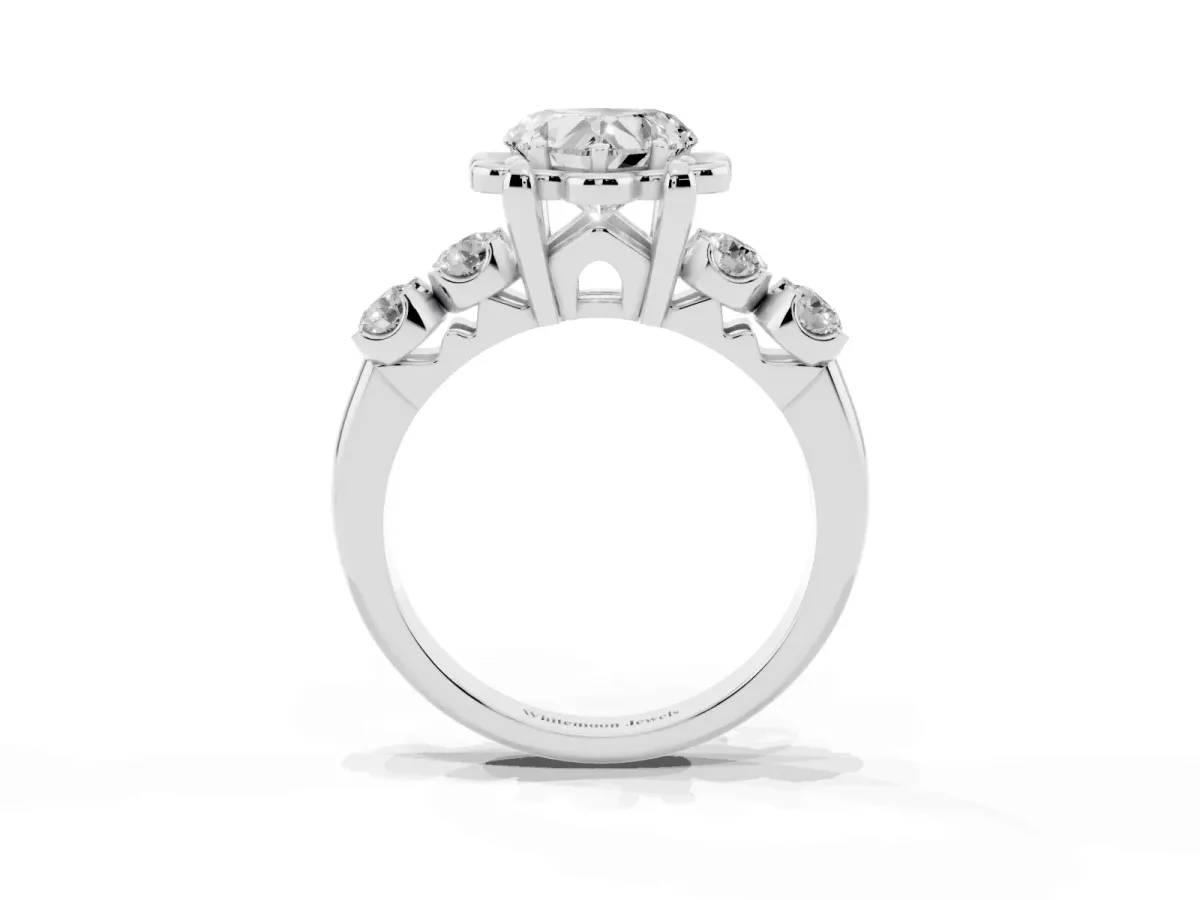 Heart Cut Cut Diamond Floral Halo Engagement Ring with Shared Prong Setting Silver