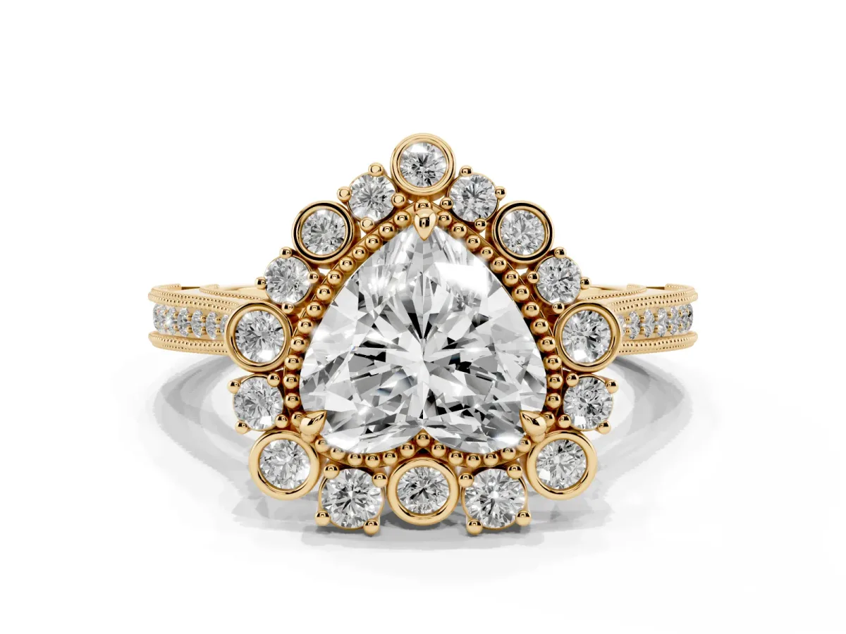 Heart Cut Halo Milgrain Pave Diamond Ring with Four-Prong Setting Yellow gold