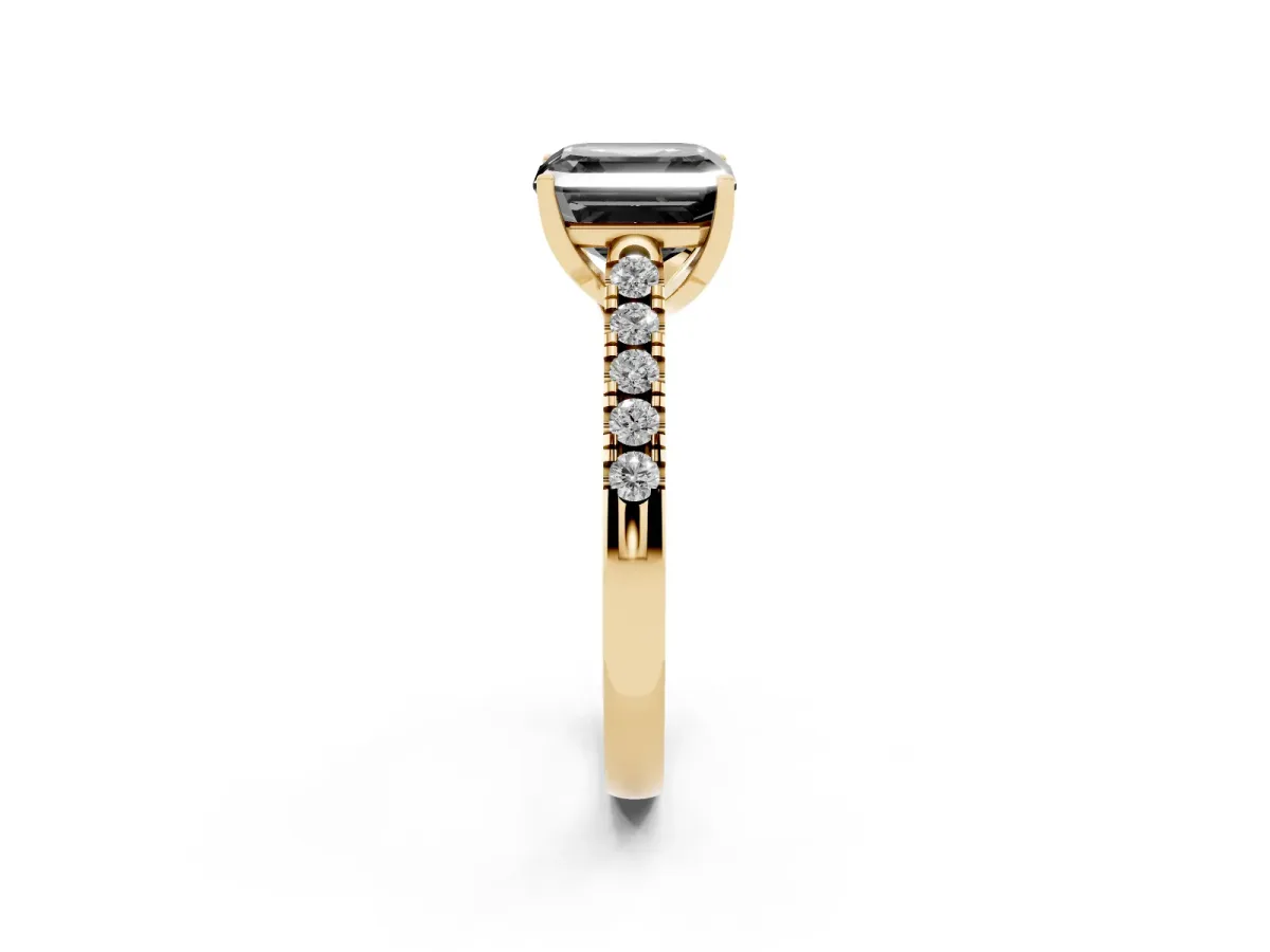Fancy Black Asscher Cut Diamond Pavé Band Solitaire Ring with Prong Setting Yellow gold