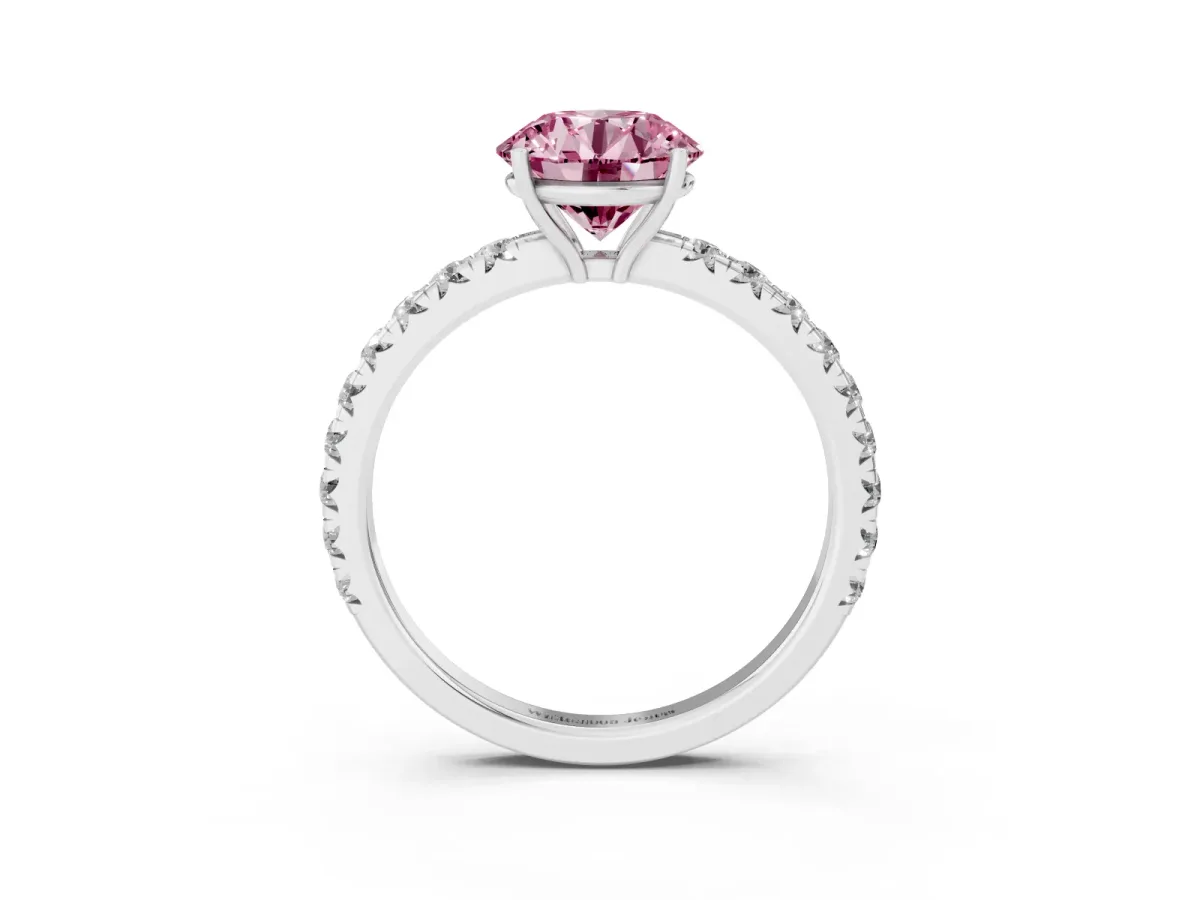 Fancy Pink Round Cut Diamond Pavé Solitaire Engagement Ring with Four-Prong Setting Platinum