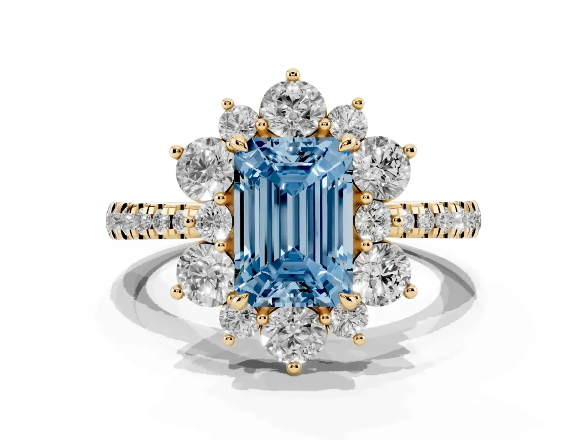 Fancy Blue Emerald Cut Diamond Floral Halo Ring with Round Pavé Band and Prong Setting Yellow gold