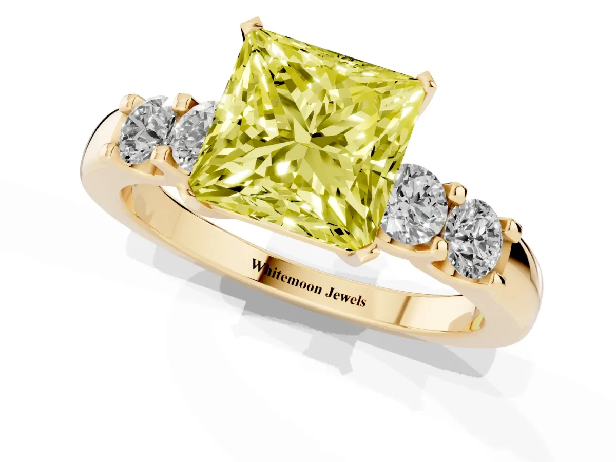 Fancy Yellow Princess Cut Brilliant Cut Diamond Five-Stone Prong Set Engagement Ring with Channel Band Yellow gold