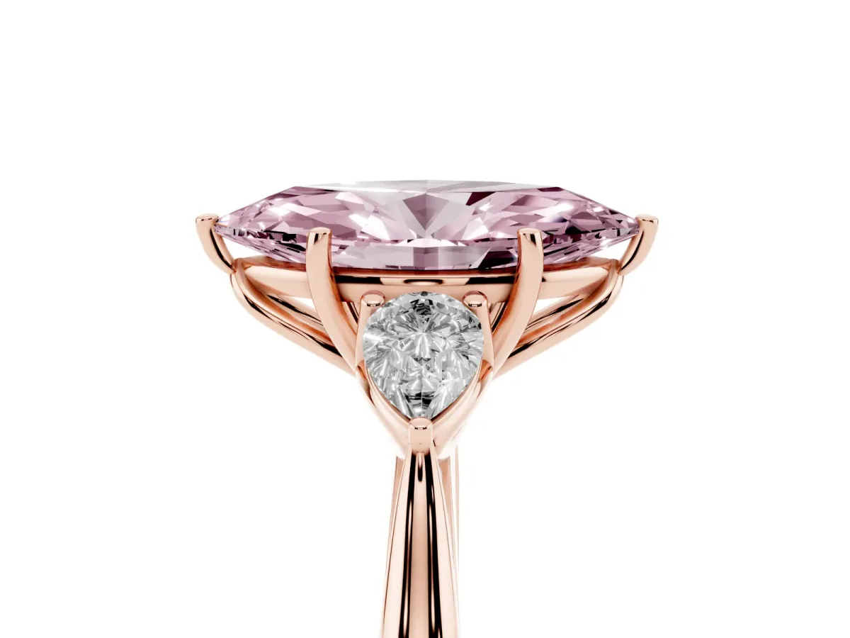 Fancy Pink Three-Stone Marquise Cut Brilliant Diamond Solitaire Ring with Tapered Band and Four-Prong Setting Rose gold