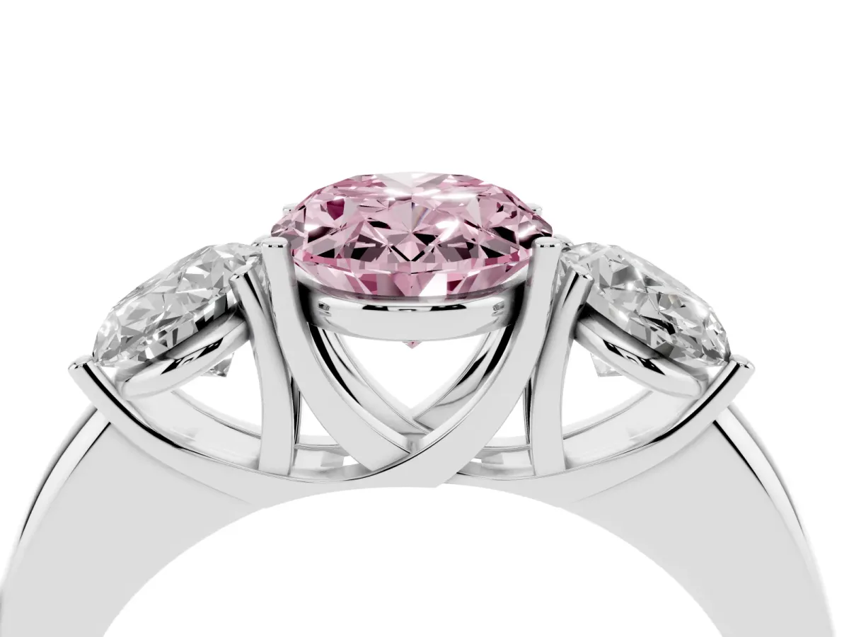 Fancy Pink Oval Cut Diamond Three-Stone Ring with Four-Prong Setting and Classic Band Silver