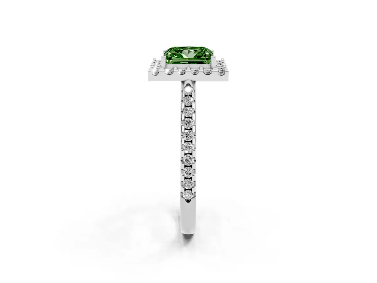 Fancy Green Princess Cut Diamond Pavé Halo Ring with Four-Prong Setting Silver