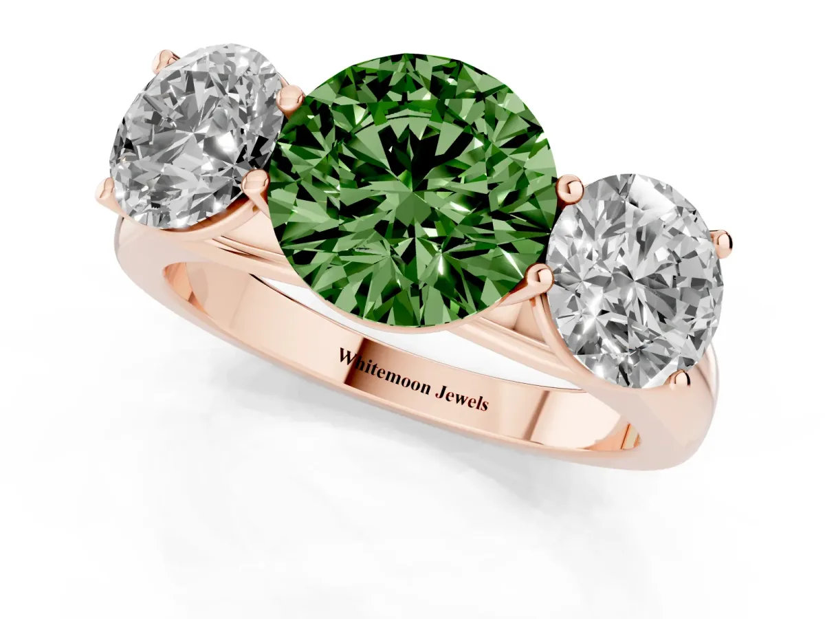 Fancy Green Round Cut Three-Stone Diamond Ring with Prong Setting on a Classic Band Rose gold