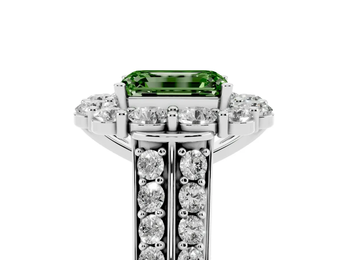 Fancy Green Emerald Cut Halo Diamond Engagement Ring with Split Shank and Prong Setting Silver