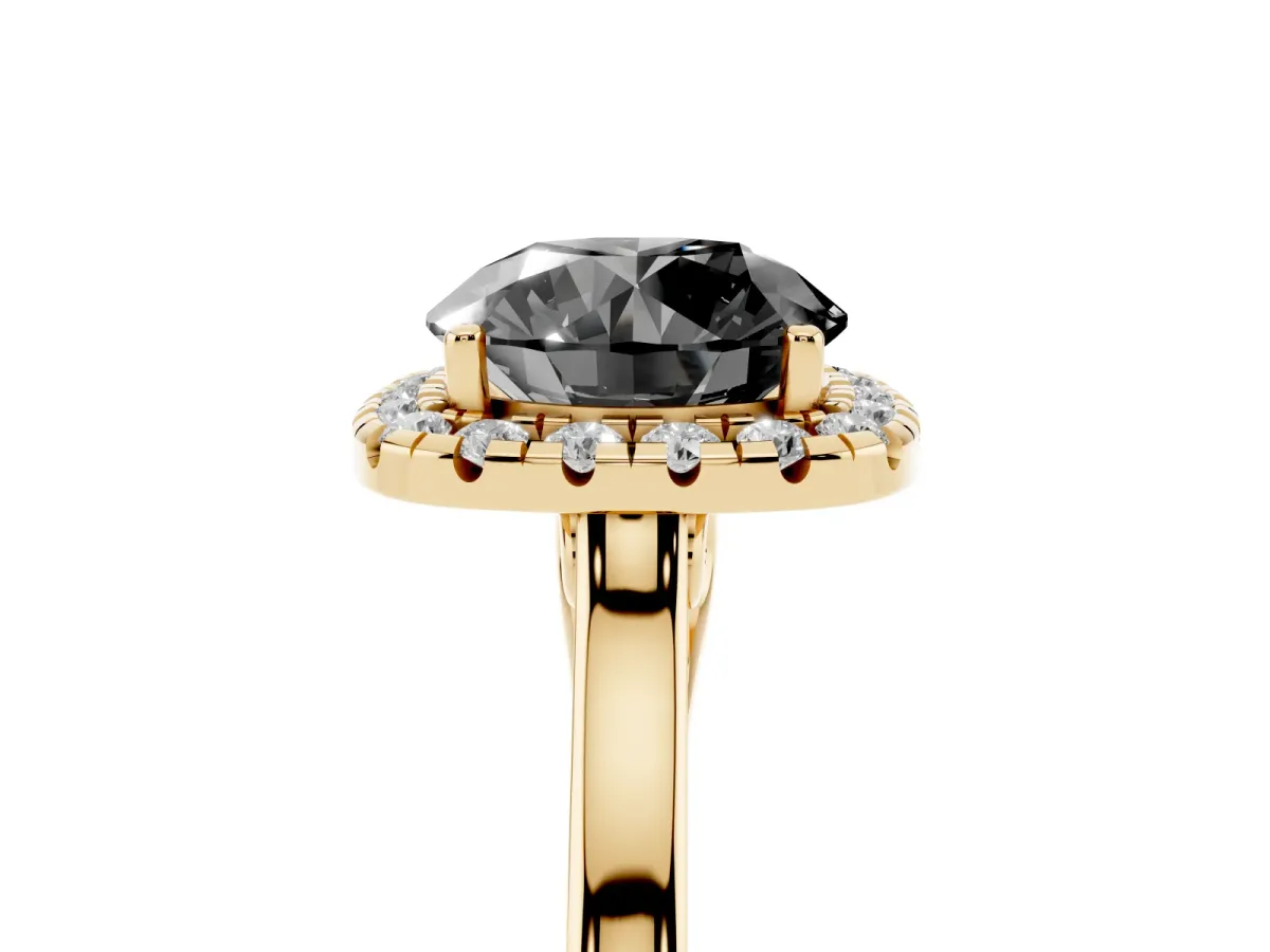 Fancy Black Round Cut Halo Round Diamond Solitaire Ring with Pavé Band and Four-Prong Setting Yellow gold