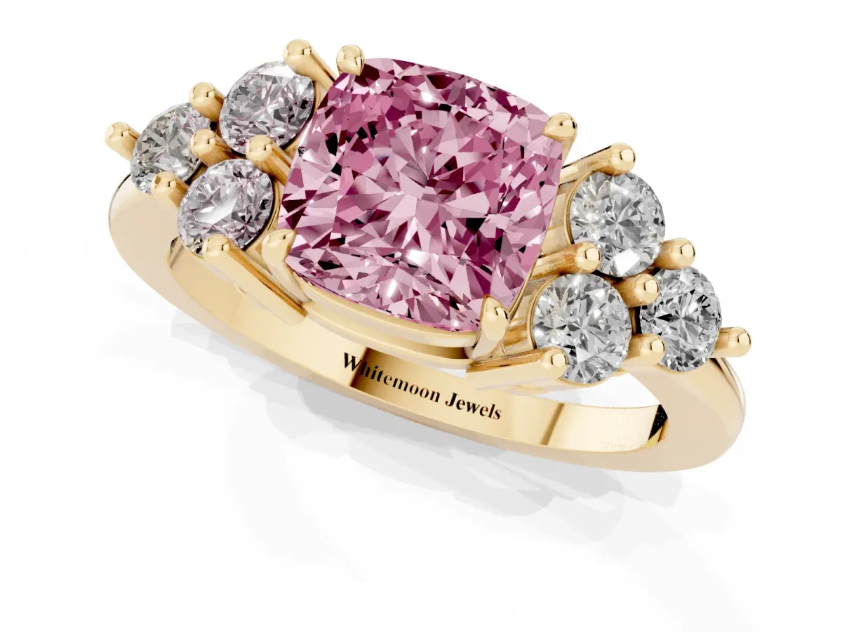 Fancy Pink Cushion Cut Brilliant Diamond Cluster Accent Solitaire Ring with Prong Setting Yellow gold