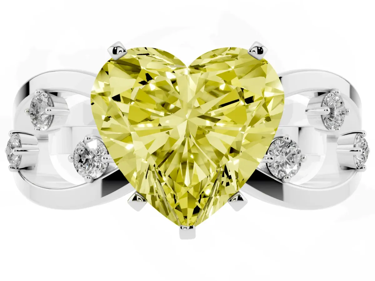 Fancy Yellow Heart Cut Cut Solitaire Diamond with Side Stones on Criss-Cross Band and Four-Prong Setting Silver