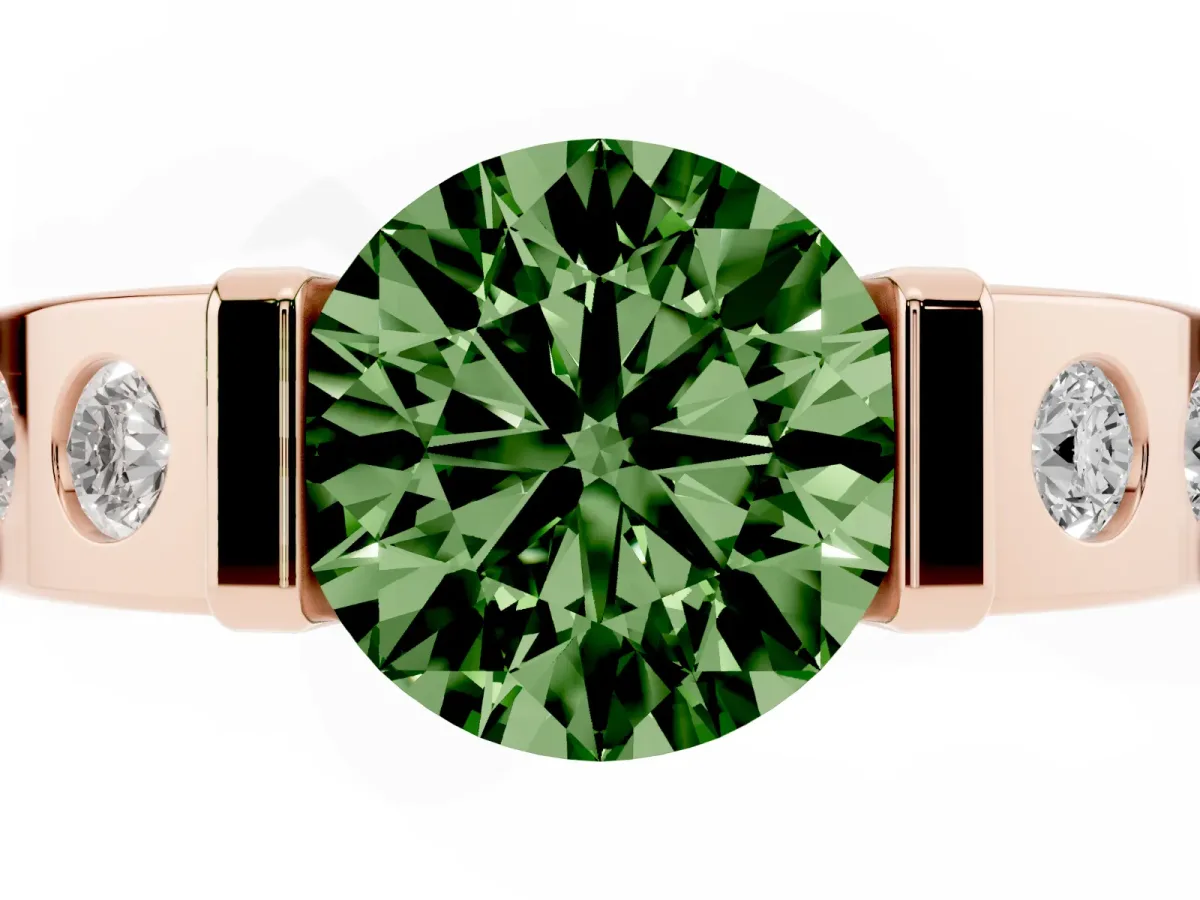 Fancy Green Round Cut Brilliant Channel-Set Diamond Ring with Bezel Prong Setting Rose gold
