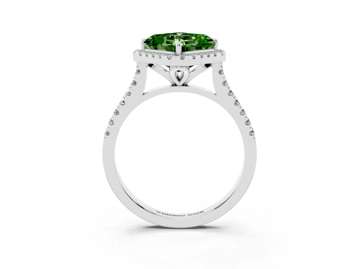 Fancy Green Asscher Cut Diamond Cushion Halo Ring with Pavé Band White gold