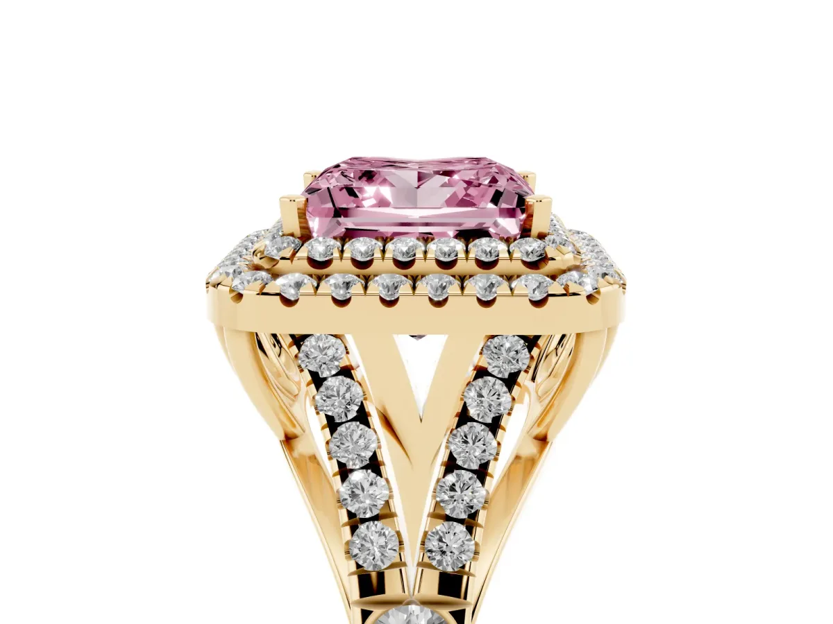 Fancy Pink Princess Cut Diamond Pavé Split Shank Double Halo Engagement Ring Yellow gold