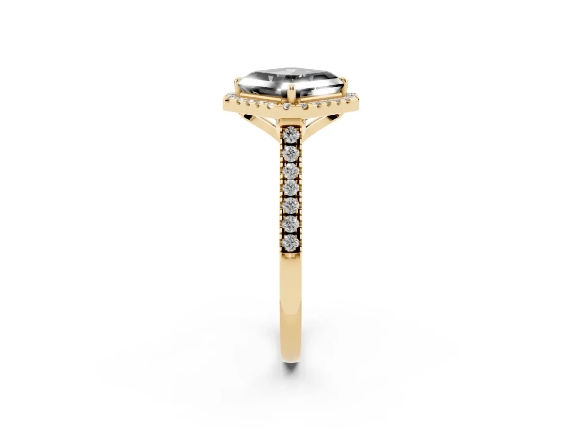 Fancy Black Asscher Cut Diamond Cushion Halo Ring with Pavé Band Yellow gold