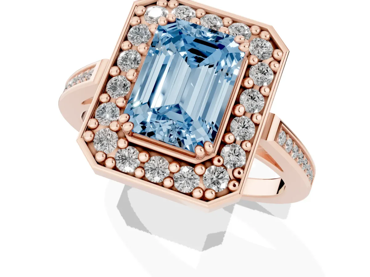Fancy Blue Emerald Cut Diamond Halo Ring with Split Shank and Four-Prong Setting Rose gold