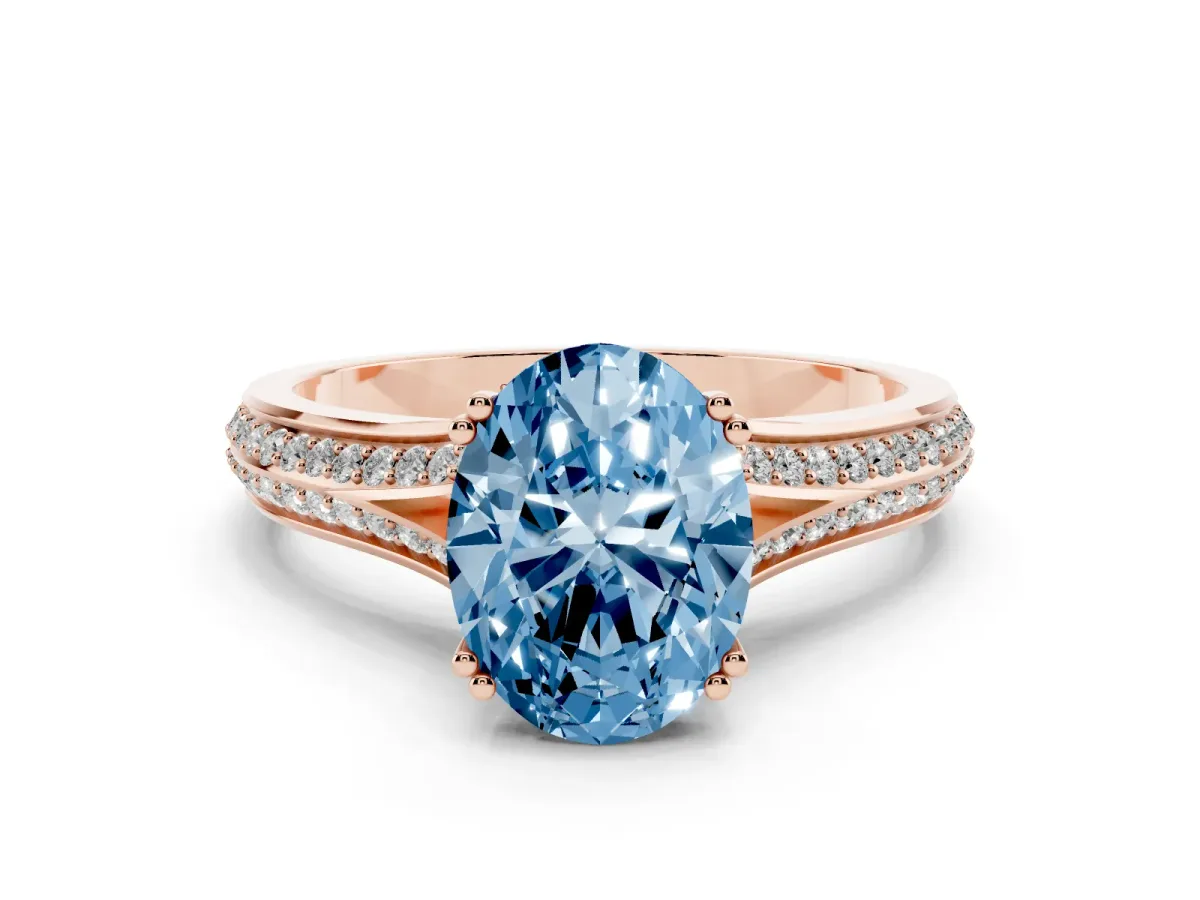 Fancy Blue Oval Cut Diamond Split Shank Engagement Ring with Pavé Band Rose gold