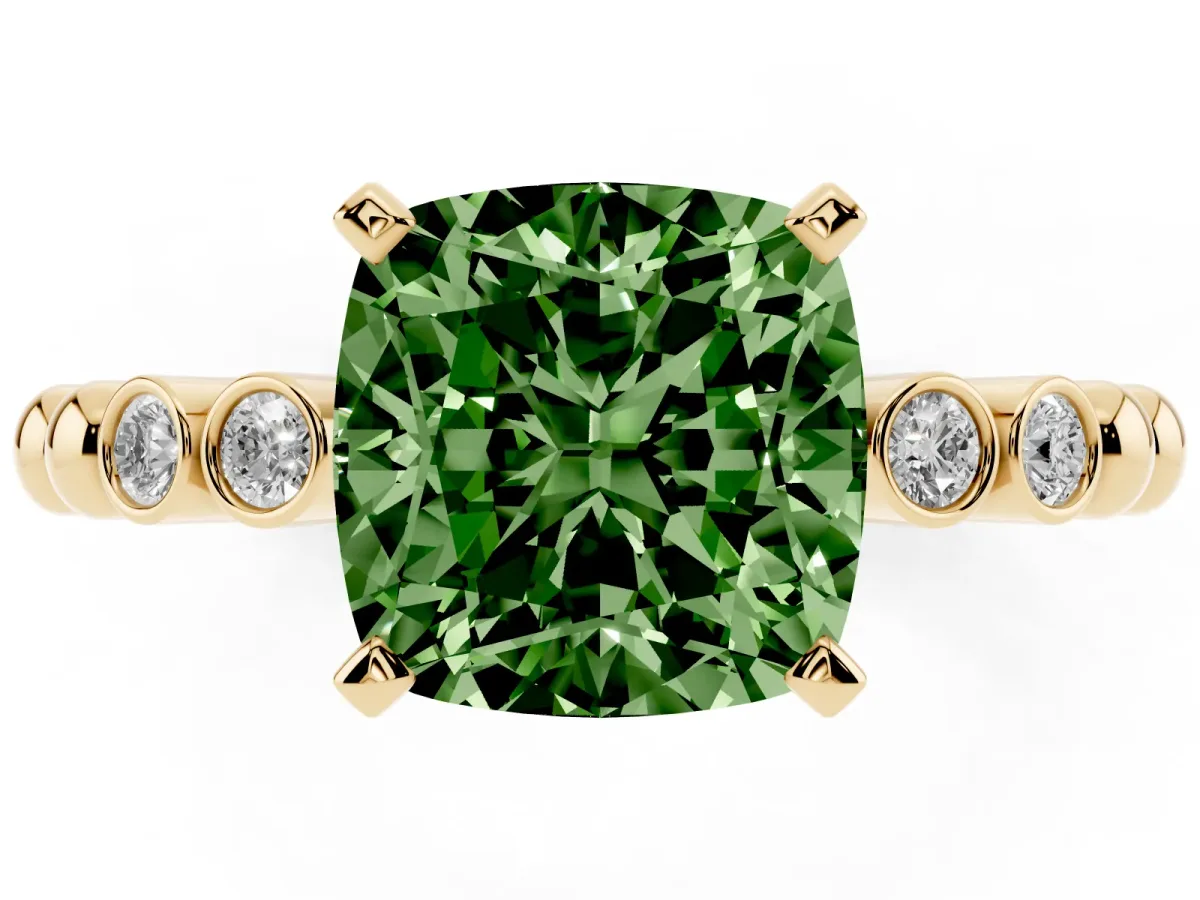 Fancy Green Cushion Cut Solitaire Bezel Accent Diamond Engagement Ring with Beaded Band and Four-Prong Setting Yellow gold