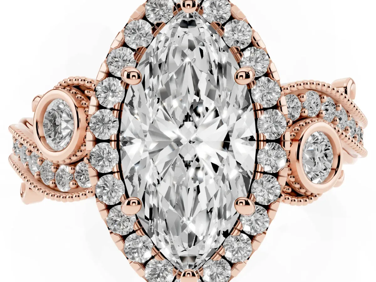 Marquise Cut Diamond Halo Ring with Milgrain Pavé Band and Four-Prong Setting Rose gold