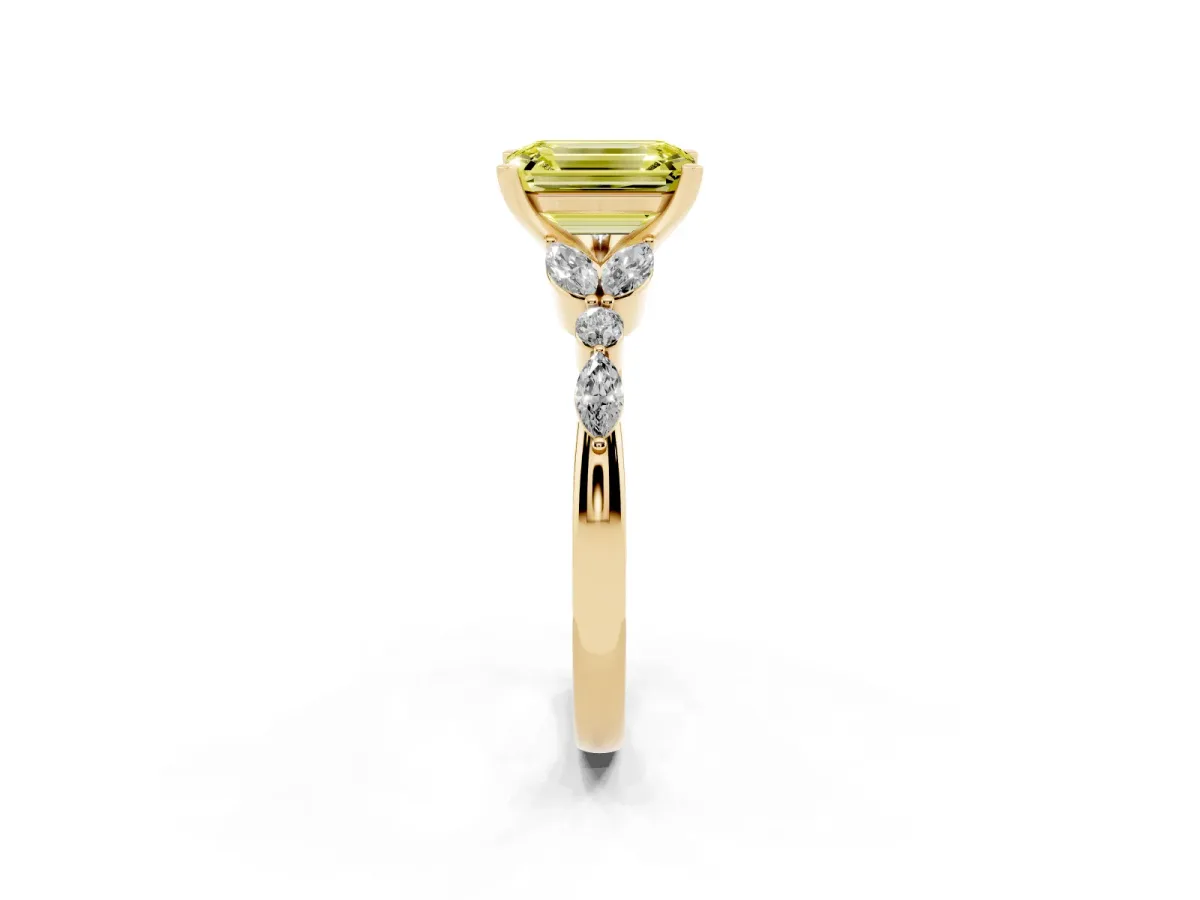 Fancy Yellow Emerald Cut Diamond Solitaire Ring with Side Stones and Four-Prong Setting Yellow gold