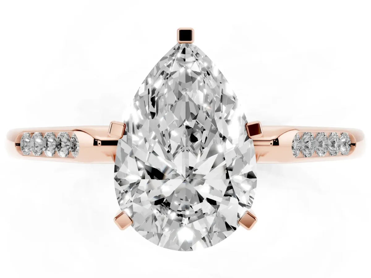 Pear Cut Diamond Solitaire Ring with Channel Set Round Band and Prong Setting Rose gold