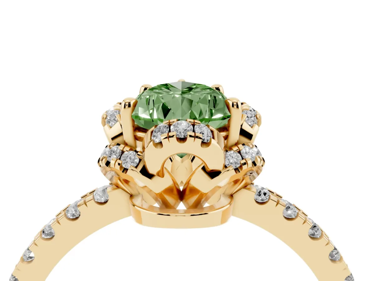 Fancy Green Pear Cut Diamond Halo Pave Band with Four-Prong Setting Yellow gold