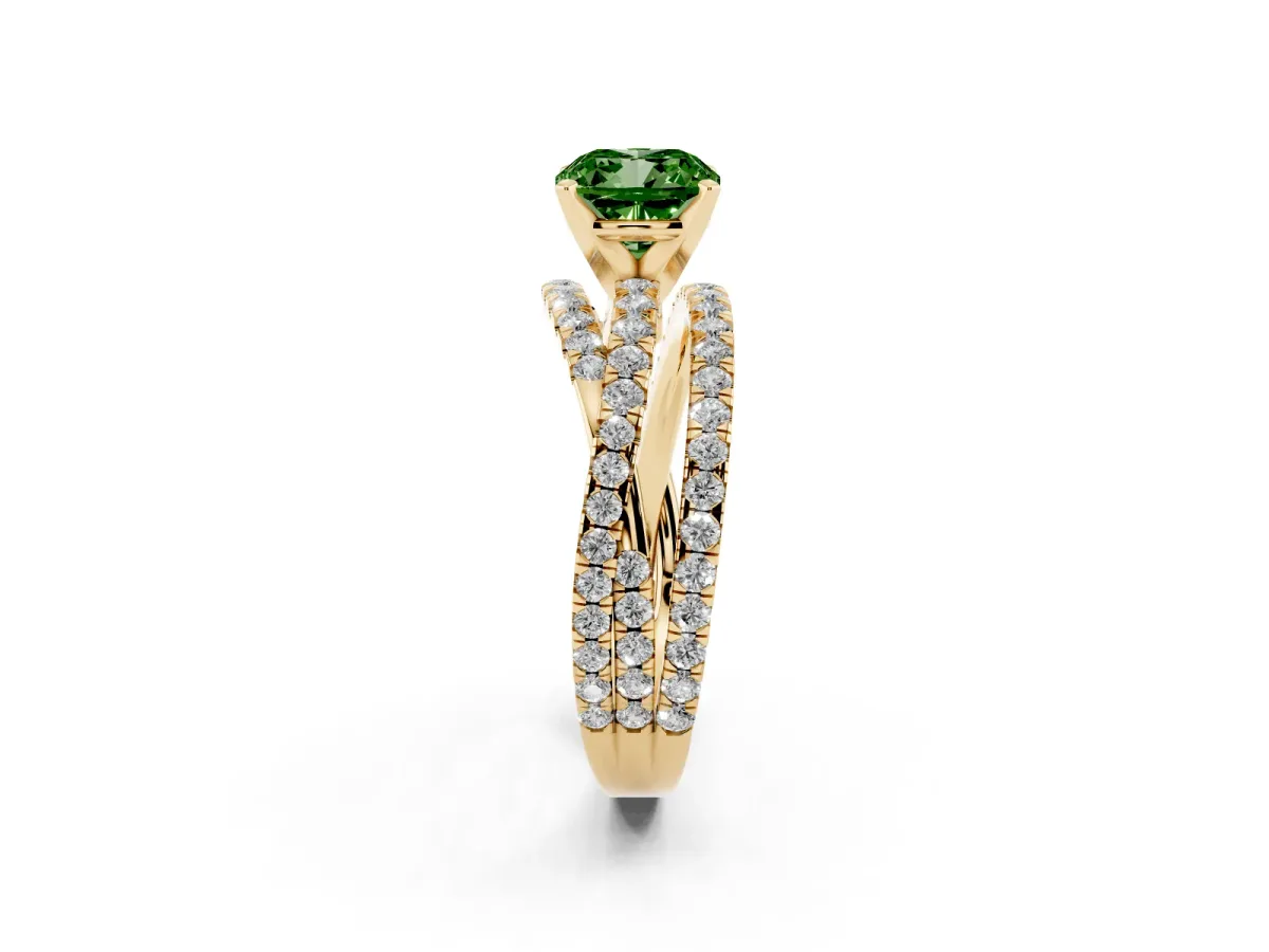 Fancy Green Cushion Cut Solitaire Twist Band with Pavé Setting and Four-Prong Setting Yellow gold