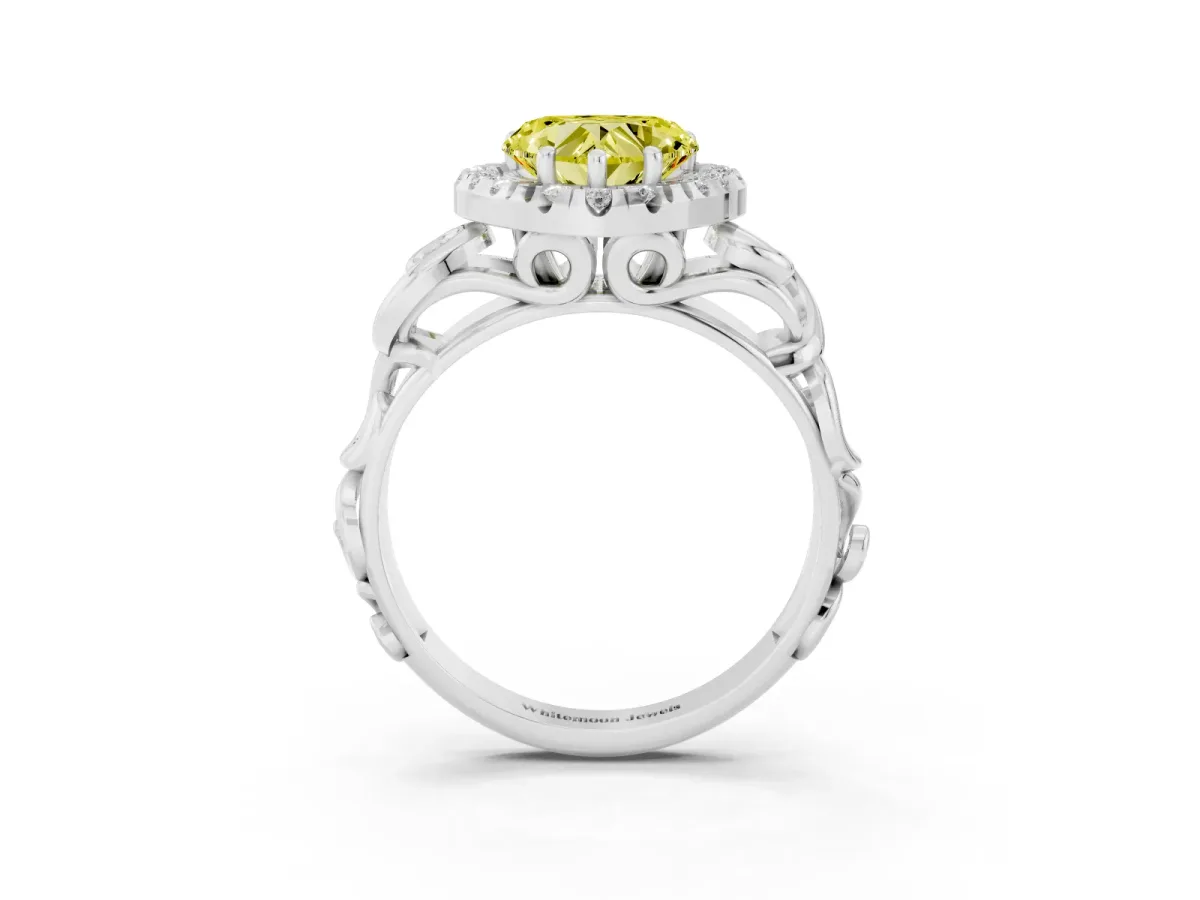 Fancy Yellow Heart Cut Cut Halo Diamond Ring with Scrollwork Band and Four-Prong Setting Silver