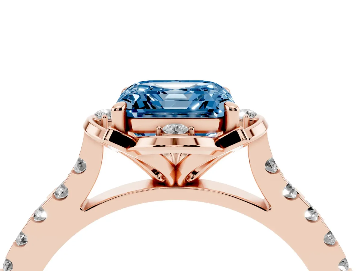 Fancy Blue Asscher Cut Diamond Ring with Pavé Band and Floral Prong Setting Rose gold