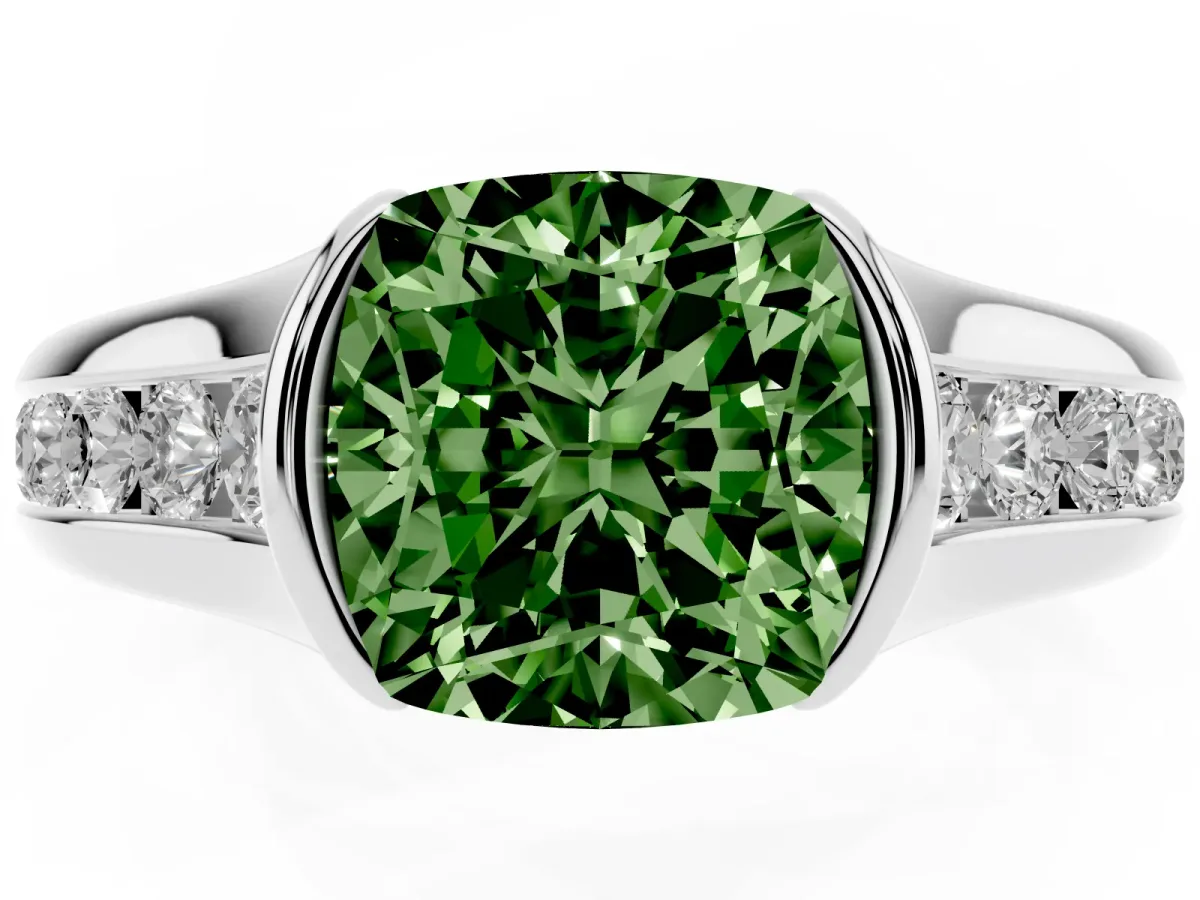 Fancy Green Cushion Cut Solitaire Bezel-Set Diamond Ring with Channel-Set Band Silver