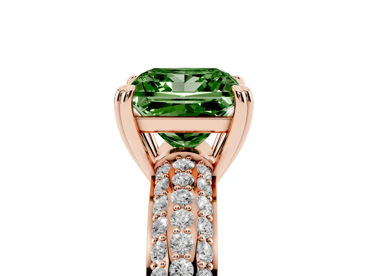 Fancy Green Princess Cut Diamond Solitaire Ring with Multi-Row Round Pavé Band and Prong Setting Rose gold