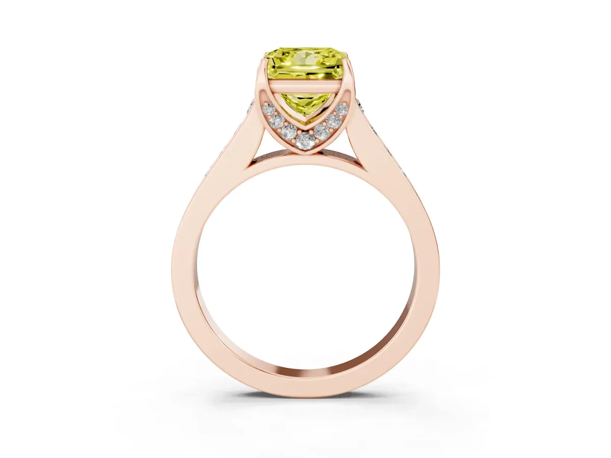 Fancy Yellow Princess Cut Brilliant Cut Diamond Engagement Ring with Pavé Band and Four-Prong Setting Rose gold