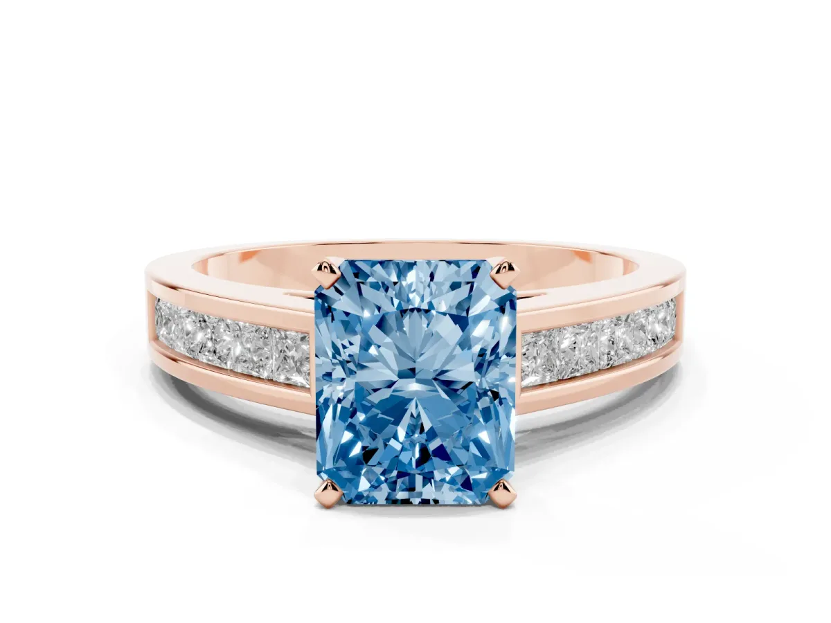 Fancy Blue Radiant Cut Solitaire Diamond Ring with Channel-Set Band and Four-Prong Setting Rose gold