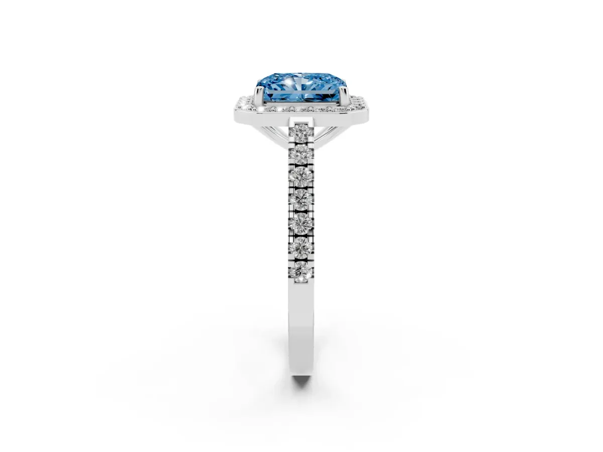 Fancy Blue Radiant Cut Diamond Halo Ring with Round Pavé Split Shank and Prong Setting Silver
