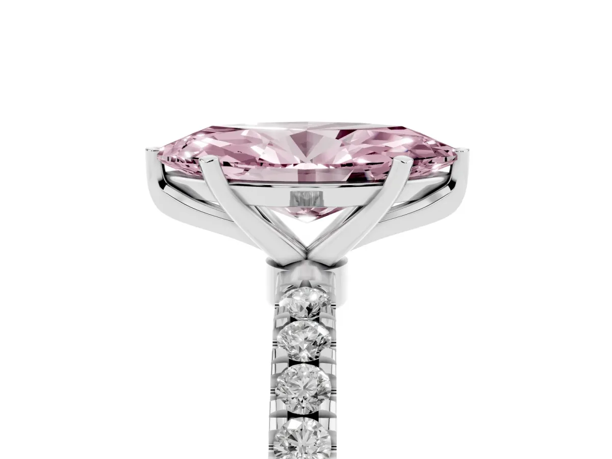 Fancy Pink Marquise Cut Diamond Solitaire Ring with Pavé Accents and Four-Prong Setting Silver
