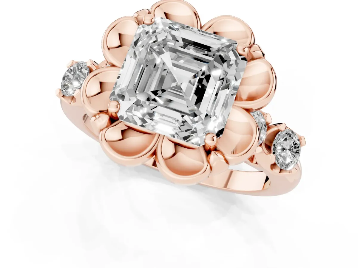 Asscher Cut Cut Diamond Floral Halo Engagement Ring with Shared Prong Setting Rose gold