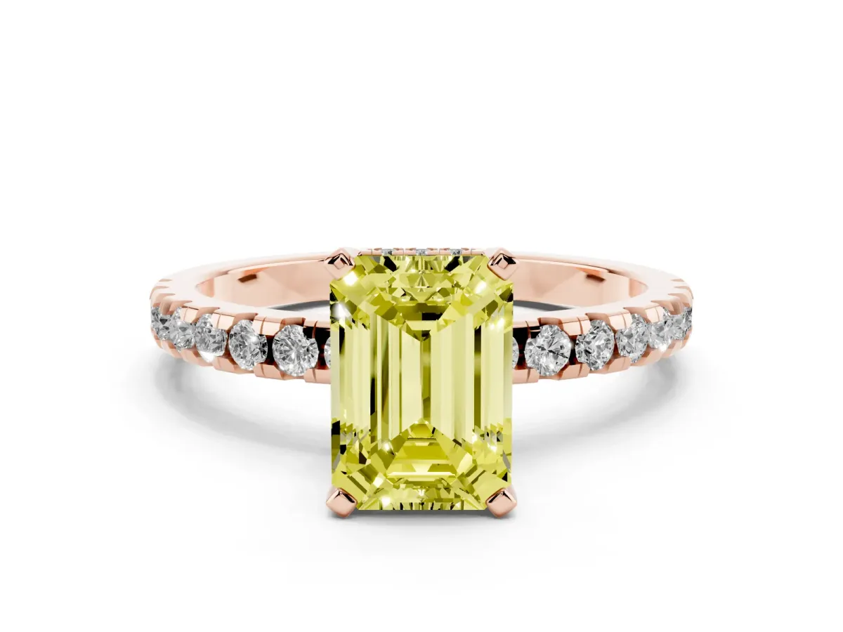 Fancy Yellow Emerald Cut Diamond Solitaire Ring with Round Pavé Band and Four-Prong Setting Rose gold
