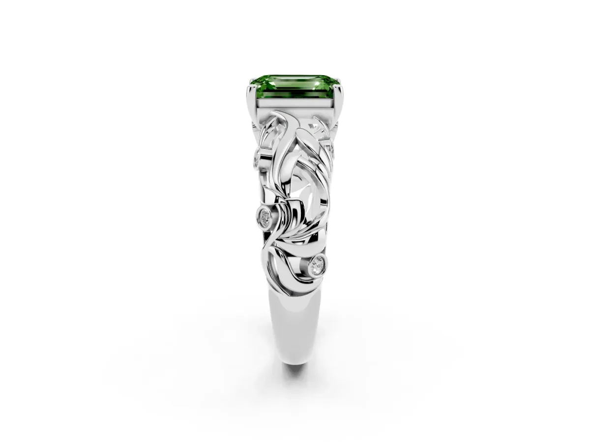 Fancy Green Emerald Cut Solitaire Diamond Leaf-Inspired Vine Band Ring with Prong Setting White gold