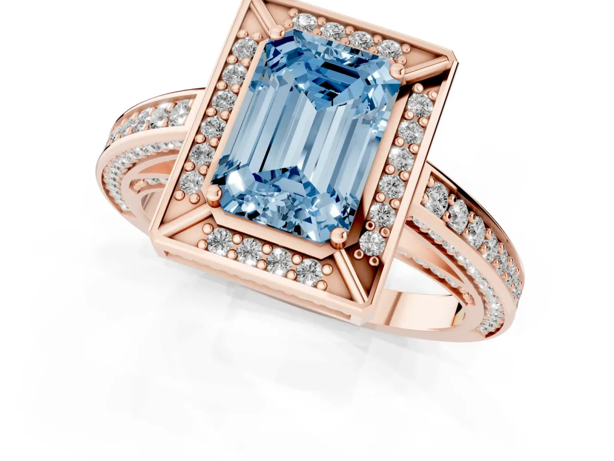 Fancy Blue Emerald Cut Cut Halo Pave Split Shank Prong Setting Ring Rose gold